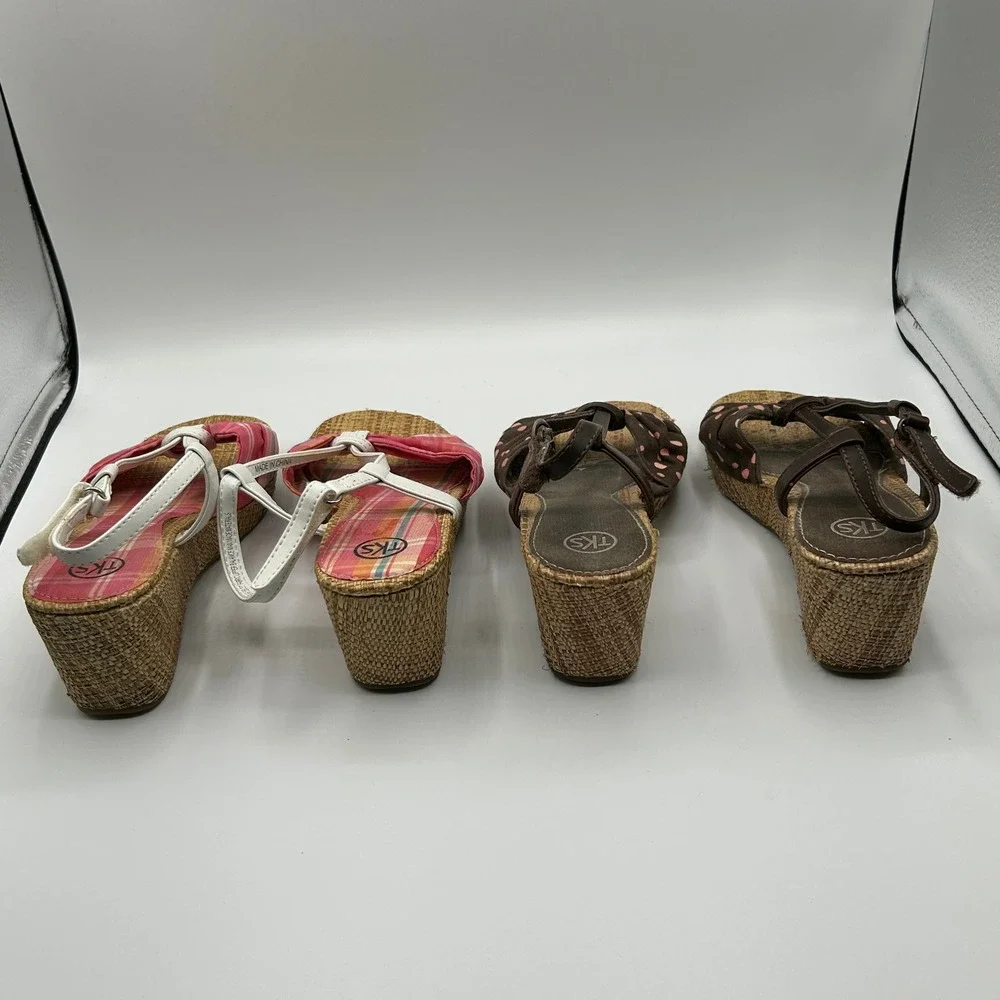 TKS Phoebe 556 Girls Wedge Sandals Lot 2 Pairs Pink Plaid Brown Polka Dot 3M